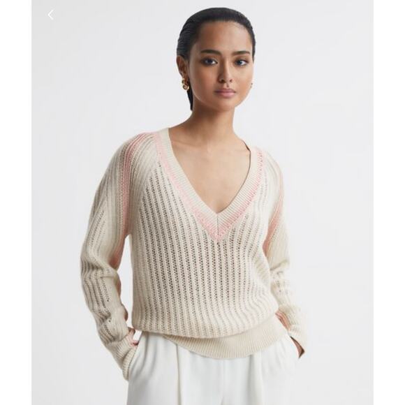 Reiss Vale Wool Blend Knitted V-Neck Sweater Cream Relax Fit Women's M - Picture 1 of 12